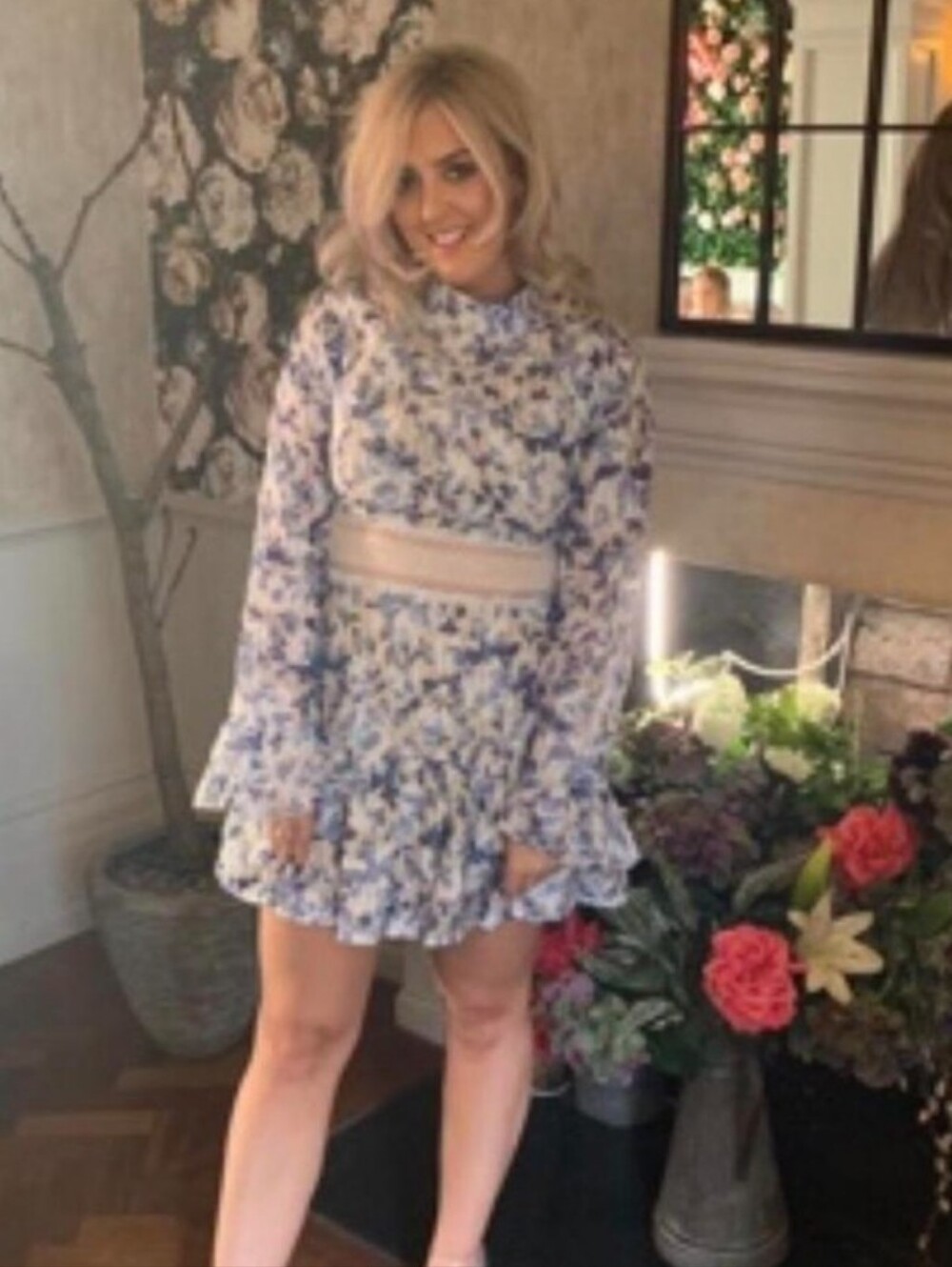 PrettyLittleThing Light Blue Floral High Neck Lace-Waist Mini Dress